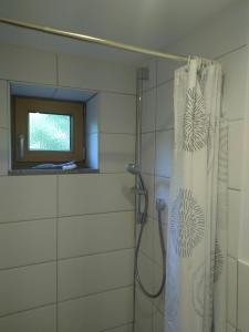 a bathroom with a shower with a shower curtain at Schlafende Hexe in Bischofswiesen