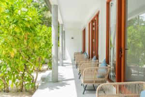 a row of chairs on a porch with trees at Veli Vilaa Dhiffushi - Beachfront in Dhiffushi