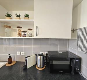 encimera de cocina con cafetera y microondas en Superbe Apt 2 ch, terrasse, WIFI, parking gratuit, en Toulouse