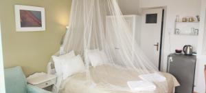 スカラ・エレソスにあるKrinelos Roomsのベッドルーム(蚊帳付きのベッド付)