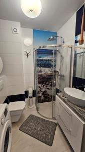 a bathroom with a shower and a toilet and a sink at Apartamenty Klifowa in Rewal