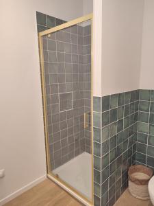 y baño con ducha y puerta de cristal. en Le petit 1881, en Ampuis