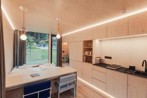 a room with a kitchen with a counter and a table at The Campus Alps in Hieflau