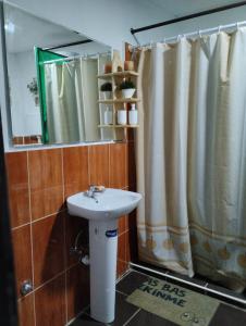 baño con lavabo y cortina de ducha en Mini-Camp SKELICA en Neštin