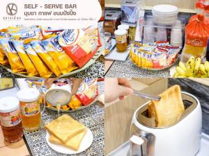 un collage de fotos con comida y tostadora en Klaang Muang Hotel (โรงแรมกลางเมือง), en Rayong
