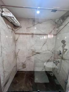 a bathroom with a glass shower with a toilet at Katriya Hotel and Tower in Ameerpet