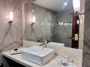 a bathroom with a sink and a large mirror at Katriya Hotel and Tower in Ameerpet