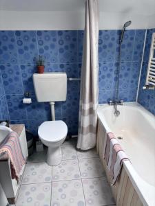 y baño azul con aseo y bañera. en Casa Trandafirilor, en Tulcea