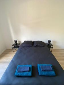 a bed with two blue pillows on top of it at Flat Bobigny near Paris 1 min from the metro in Bobigny