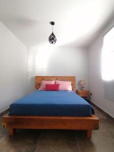 una camera da letto con letto con lenzuola blu e cuscini rosa di Casa do Favinha a Machico