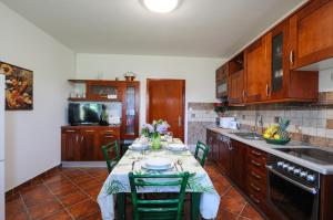 a kitchen with a table with green chairs in it at Barbara`s Village House in Ilirska Bistrica +44 photos