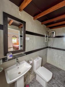 a bathroom with a sink and a toilet and a mirror at Light House View Inn - Galle Fort in Galle