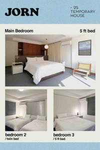 duas fotos de um quarto de hotel com uma cama e um quarto com uma cama é em จร - Jorn Temporary house em Chiang Mai