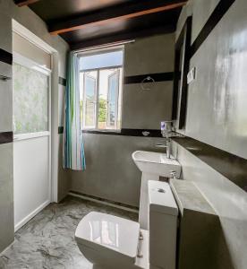 bagno con servizi igienici, lavandino e finestra di Light House View Inn - Galle Fort a Galle