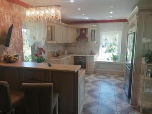 une cuisine avec un lustre suspendu au-dessus d'un comptoir dans l'établissement Liepu Residence, à Olayne