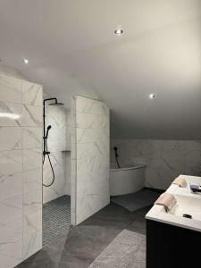 a bathroom with a shower and a sink and a tub at Gîte du Bambi in Gerbamont 