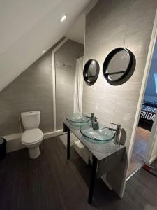 La salle de bains est pourvue de toilettes, d'un lavabo et de miroirs. dans l'établissement T3 entre Disney et la campagne, à La Ferté-Gaucher