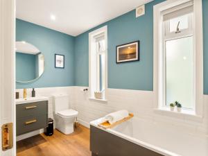 a bathroom with blue walls and a tub and a toilet at The Executive at Clifden Boutique Apartments in Clifden +26 photos