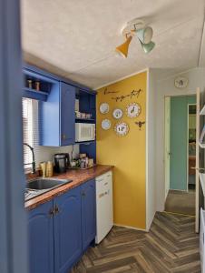 a kitchen with blue cabinets and a yellow wall at Escape to the Mountain in Halkyn