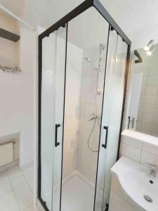 a bathroom with a glass shower and a sink at Cozy Polo's House in Bagnolet