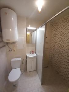 a bathroom with a white toilet and a sink at Amber Beach Apartment in Narva-Jõesuu +21 photos