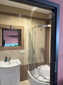 a bathroom with a shower and a sink at Apartamenty Komfort in Częstochowa