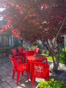 una fila di tavoli e sedie rossi sotto un albero di Hotel del Falco a Gravedona