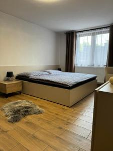 ein Schlafzimmer mit einem Bett und einem Teppich auf dem Boden in der Unterkunft Drevenica Skye Terchová in Terchová