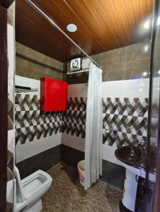 a small bathroom with a toilet and a sink at Peaceful stay in New Delhi