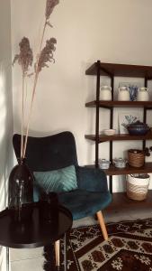 a living room with a green couch and a table at Anerada Cottages in Apsiou