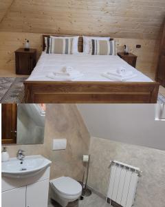 Duas fotografias de um quarto com uma cama e um lavatório. em Valea Legendelor em Grădiştea de Munte