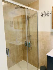 um chuveiro com uma porta de vidro na casa de banho em La Sellerie at No 17 em Le Dorat