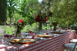 una mesa con un mantel a cuadros rojo y blanco en Borgodoro - Natural Luxury Bio Farm en Magliano Sabina