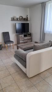 sala de estar con sofá y TV en Ubytování Frahelž, en Frahelž