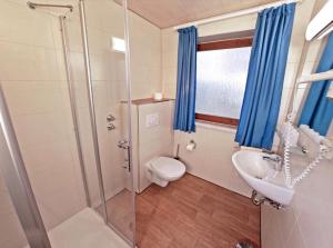 een badkamer met een douche, een toilet en een wastafel bij Ferienhaus Dickertsmühle in Prien am Chiemsee +10 foto's