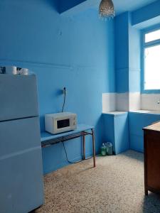 a blue kitchen with a refrigerator and a microwave at ACROPOLIS ViEW MIXED DORMITORIES 1 MINUTE BY THISSIO METRO STOP in Athens