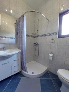 y baño con ducha, aseo y lavamanos. en Apartments Miletić, en Ždrelac