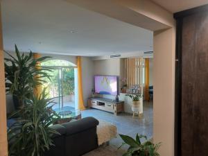 un soggiorno con divano e TV a schermo piatto di Magnifique villa avec piscine 10x5 m sur 1800m2 de terrain avec parking privatif cuisine recente equpee 3 chambres dont 2 parental au rdc avec wc separe pas de vis à vis terrain de petanque bbq climatisation jeux enfants a Sérignan
