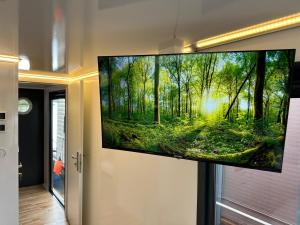 a flat screen tv hanging on a wall in a room at TRAUMZEITBOOT2 auf dem Scharmützelsee Bad Saarow in Bad Saarow