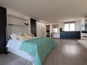 1 dormitorio con 1 cama grande con manta verde en Spacious Studio by the University, en San Vicente del Raspeig