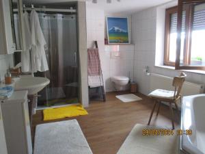 a bathroom with a shower and a sink and a toilet at Casa Schönblick & E-Ladestation in Limburg an der Lahn