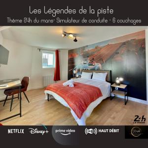 a poster of a bedroom with a bed and a desk at Légendes de la piste - SOnights in Château-du-Loir