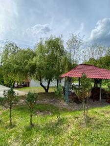 a pavilion with a table and a tree in a field at Vila Onix in Sovata