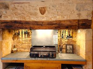 a kitchen with a stove and a stone wall at Au Pied du CHÂTEAU - 5 à 11 personnes - Baignade-canoë-piste cyclable à 100 m in Castelnaud La Chapelle