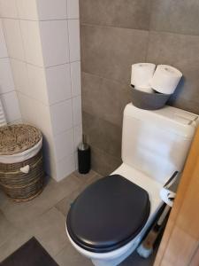 La salle de bains est pourvue de toilettes avec un siège noir et du papier toilette. dans l'établissement Charmant appartement balcon et parking, à Lens