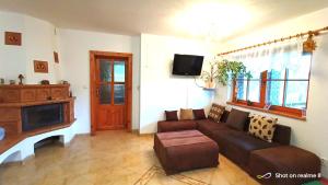a living room with a couch and a tv at Apartmán Srubík in Čisovice