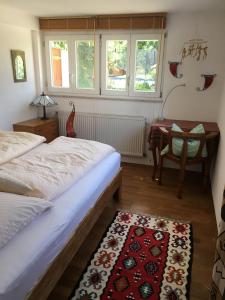 a bedroom with a bed and a desk and windows at Haus Diana in Badenweiler