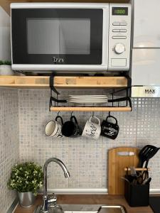 eine Mikrowelle auf einem Regal über einer Küchenspüle in der Unterkunft Para Thin Alos in Peraia