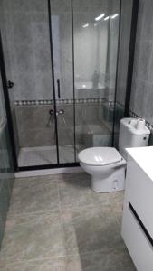 a bathroom with a toilet and a glass shower at ALOJAMIENTO EN CULLERa in Cullera