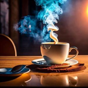 una taza de café con humo saliendo de ella en Hotel waterfall,Benkar en Phakding